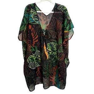 Tropical Leaf Animal Print Multicolor Swim Cover-Up Kaftan Women’s Large